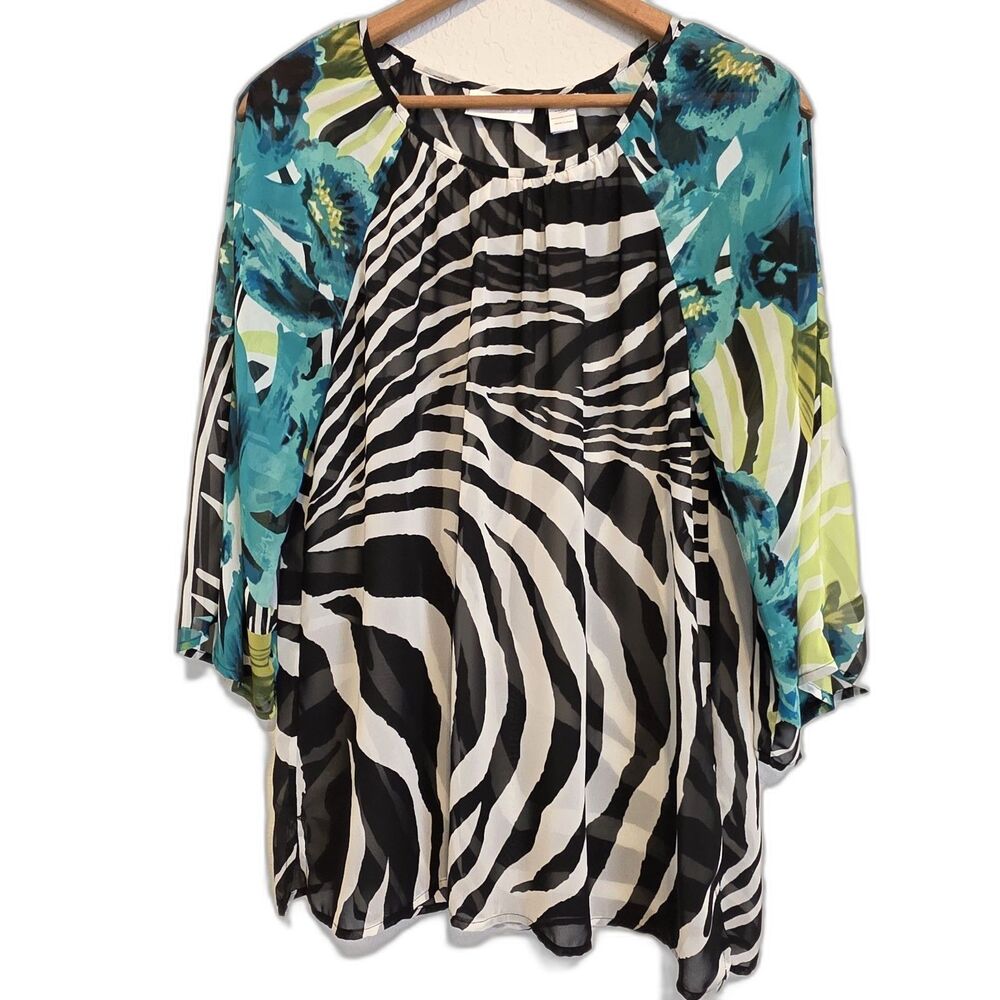 Chico’s Zebra & Floral Sheer Tunic Top 3/4 Sleeve Cold Shoulder SZ 0=Small